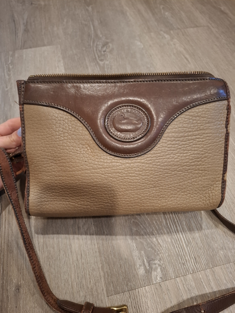 Very Worn Vintage Dooney & Bourke Brown and Tan Leather Crossbody Bag MadeIn USA